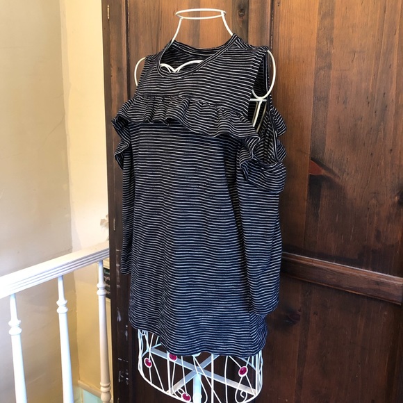 Ann Taylor Loft Cold Shoulder Ruffle Sweater Blue Striped Size Medium - Picture 2 of 8